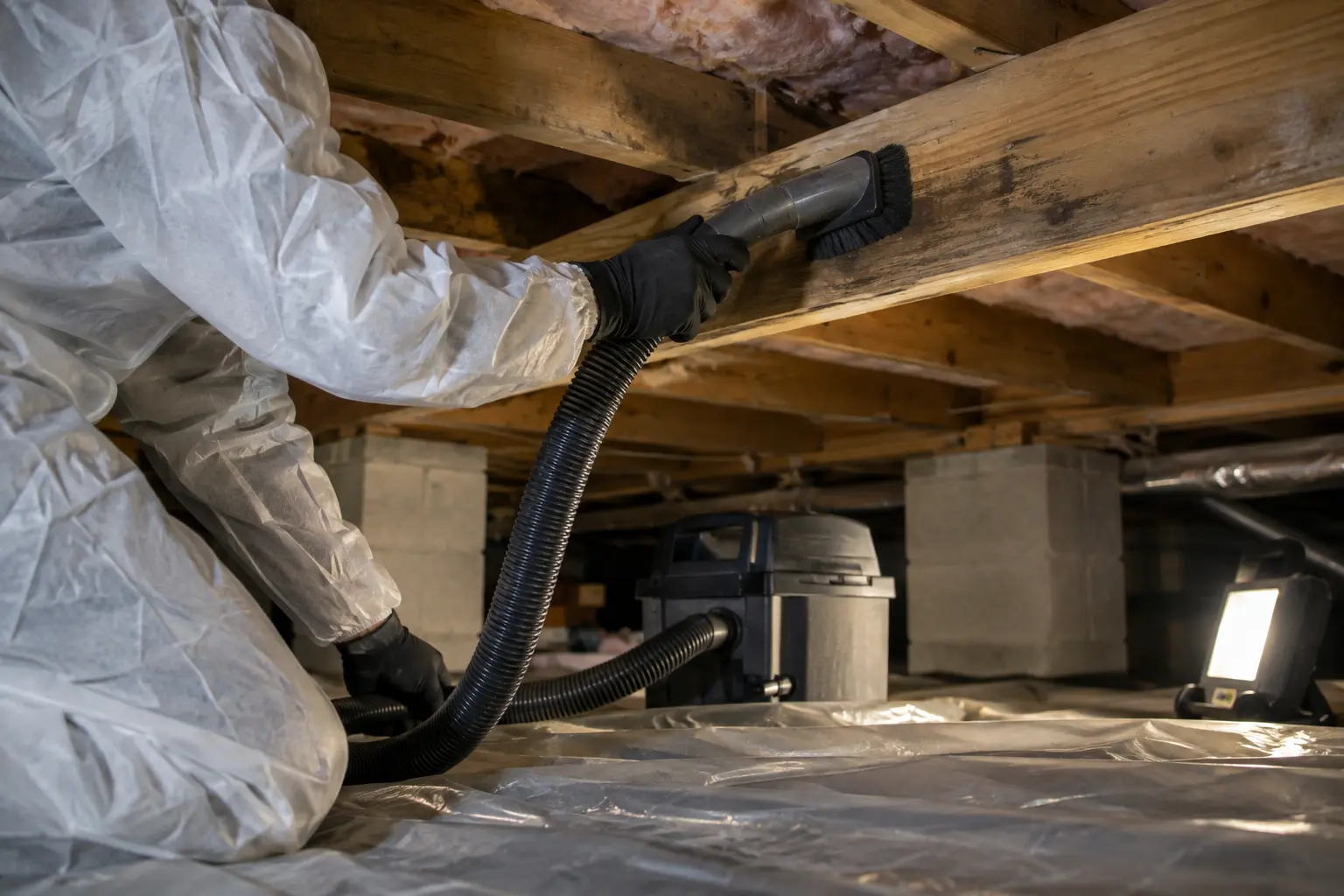 Mold remediation work on wooden framing inside a crawl space