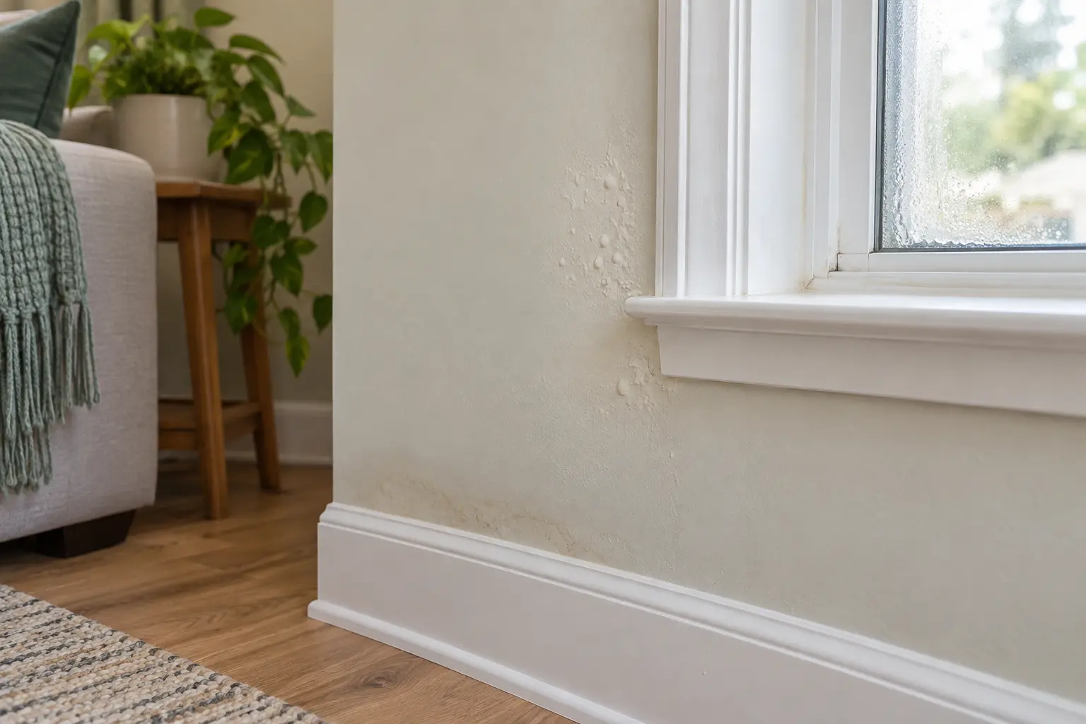 Possible interior moisture warning signs near a window and baseboard