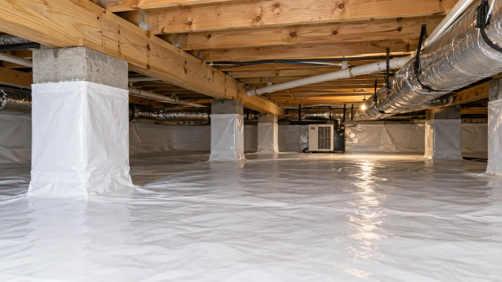 Encapsulated crawl space with vapor barrier