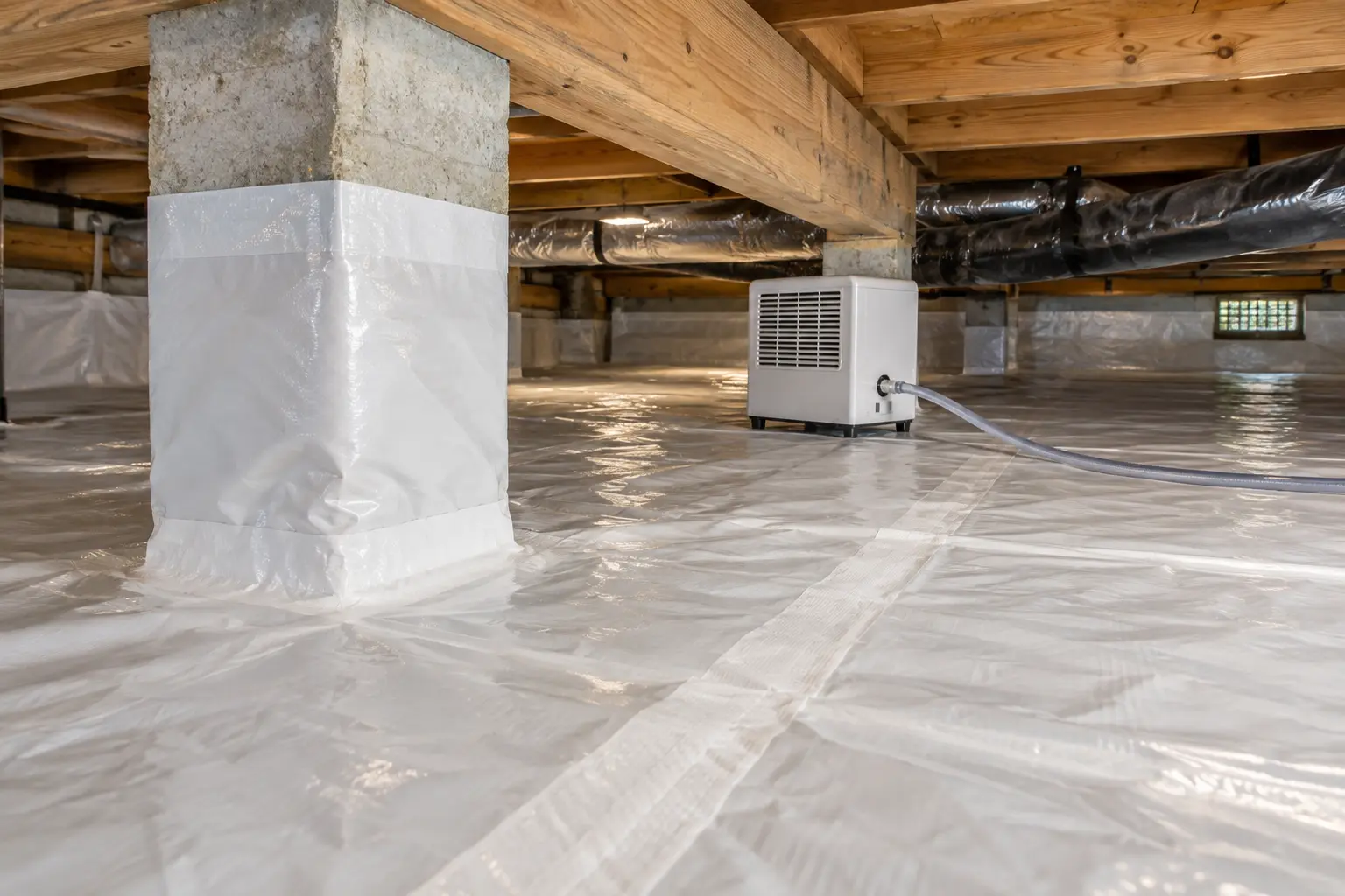 Encapsulated crawl space with white floor and foundation-wall liners, exposed wooden joists, ductwork, and a dehumidifier
