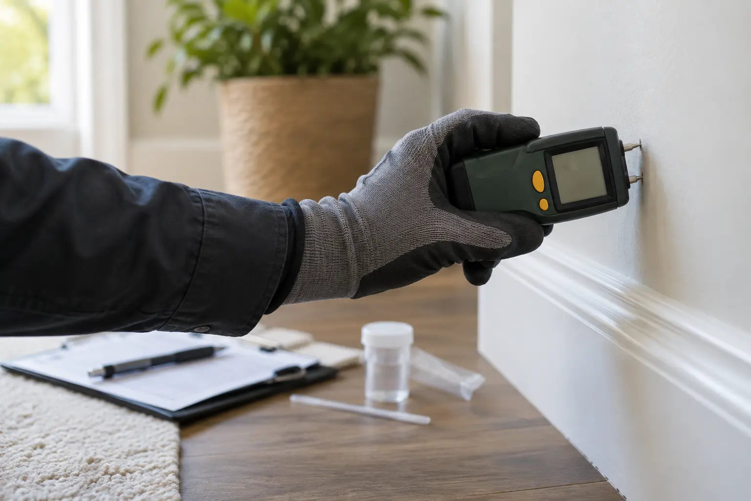 Technician using a moisture meter during a mold inspection