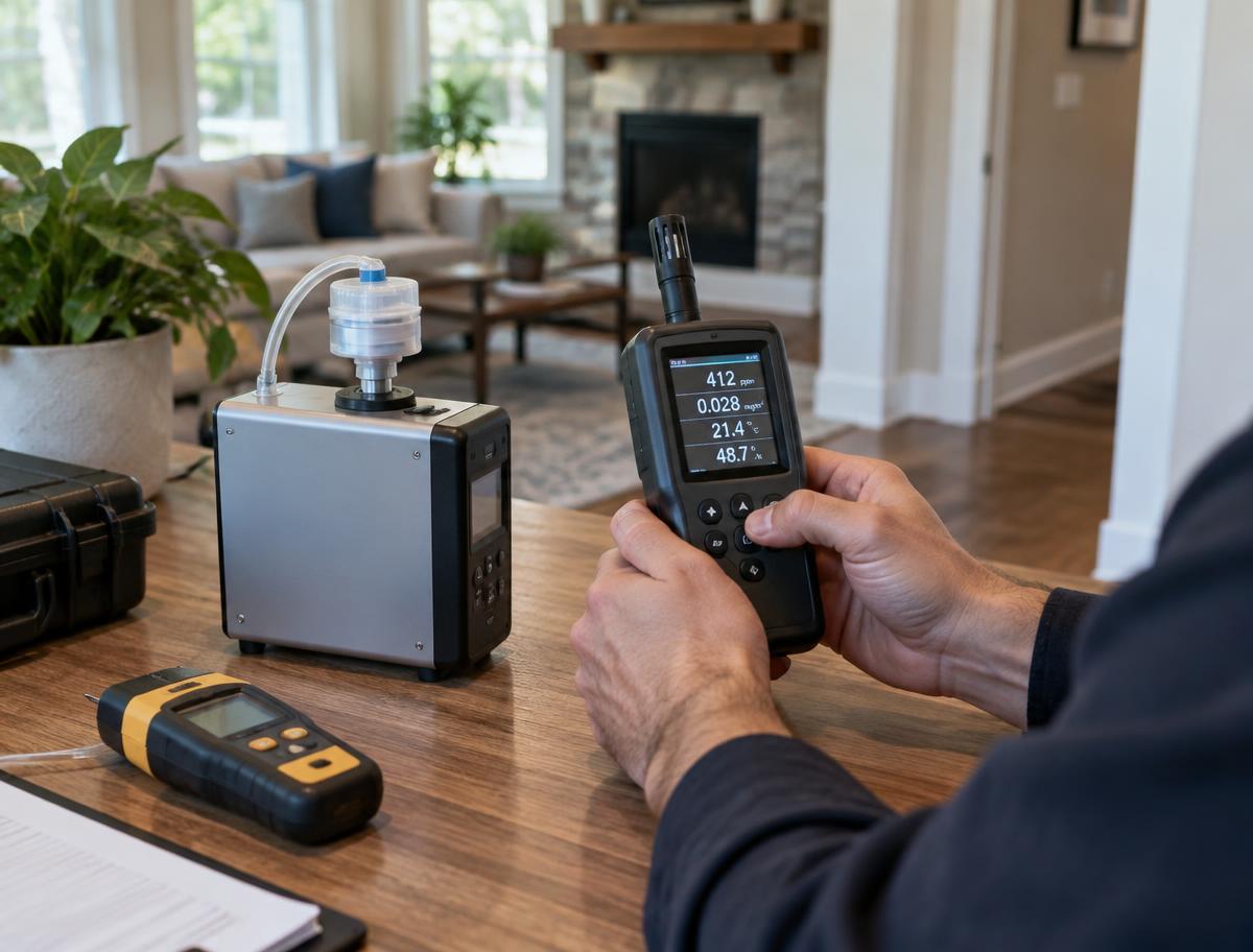 Indoor air quality testing equipment taking readings in a home